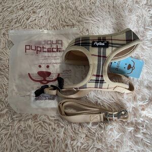 Plaid Dog Harness and Leash Set - Tan